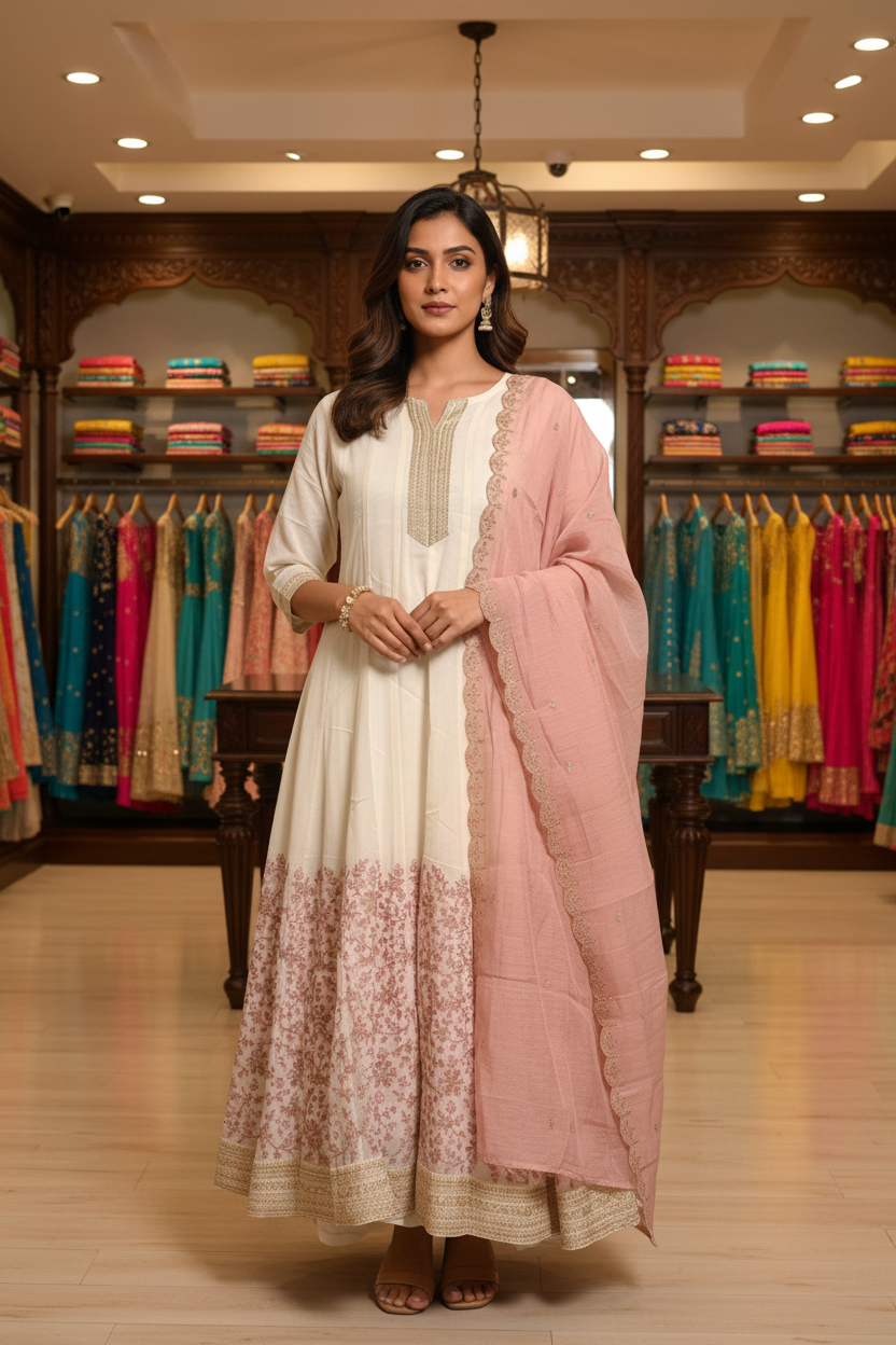 White Anarkali in Boutique Setting